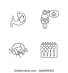 Los iconos lineales perfectos de los píxeles de los primeros síntomas de embarazo. Acidez estomacal. Me siento embarazada. Símbolos de contorno de línea delgada personalizables. Ilustraciones aisladas del contorno vectorial. Trazo editable