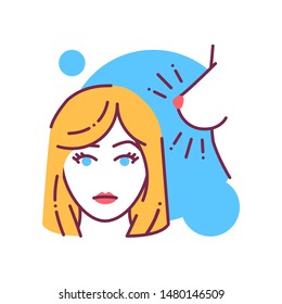 Early pregnancy symptoms: sensitive breasts and darkening nipples color line icon. Pregnant blond woman concept. Motherhood and healthcare. Sign for web page, mobile app, banner. Editable stroke.