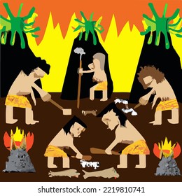 Early Primitive People. They Do Hunting and Gathering Vector Illustration Drawing