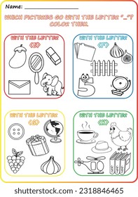 Early reading and writing worksheet Reading pictures, Coloring, Identifying objects, Learning the alphabet, Learning the letters E, F, G, and H, Practicing letter sounds. 