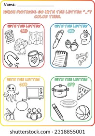 Early reading and writing worksheet Reading pictures, Coloring, Identifying objects, Learning the alphabet, Learning the letters M, N, O, and P, Practicing letter sounds. 