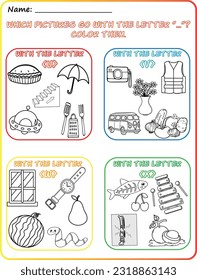 Early reading and writing worksheet Reading pictures, Coloring, Identifying objects, Learning the alphabet, Learning the letters U, V, W, and X, Practicing letter sounds. 