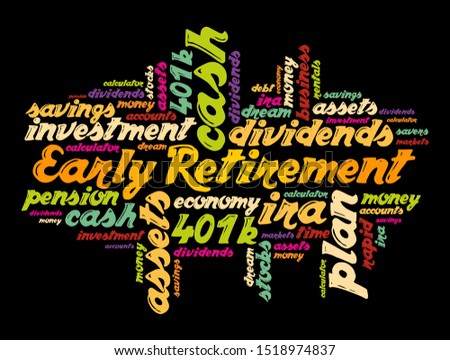Early Retirement the decision to leave the workforce and stop working for pay at an age younger than the traditional retirement age, text concept word cloud