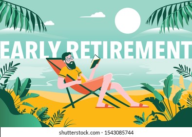 Early Retirement - Retired Man On Beach Reading A Book With Drink In Hand. Enjoying A Holiday With No Worries, On Vacation, Happy. Financial Freedom.