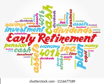 Early Retirement word cloud collage with great terms such as investments, budget, finance business concept background