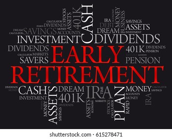 Early Retirement word cloud collage with great terms such as investments, budget, finance business concept background