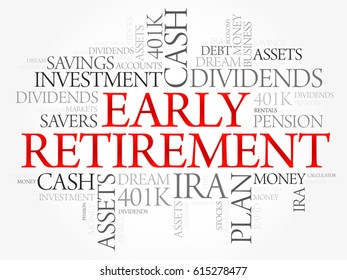 Early Retirement word cloud collage with great terms such as investments, budget, finance business concept background