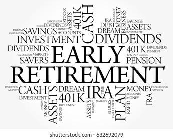 Early Retirement word cloud collage with great terms such as investments, budget, finance business concept background