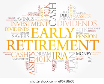 Early Retirement word cloud collage with great terms such as investments, budget, finance business concept background