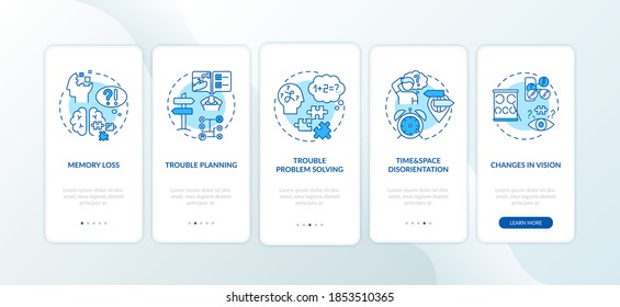 Early signs of dementia blue onboarding mobile app page screen with concepts. Brain health care walkthrough 5 steps graphic instructions. UI vector template with RGB color illustrations