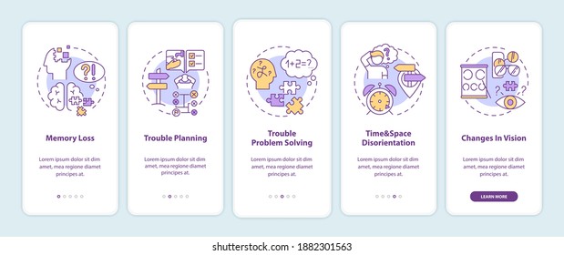 Early signs of dementia onboarding mobile app page screen with concepts. Alzheimer symptom. Brain health care walkthrough 5 steps graphic instructions. UI vector template with RGB color illustrations