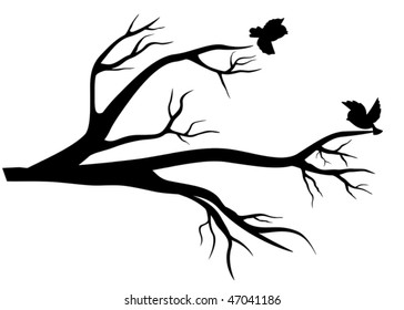 Early Spring. Branch of tree and cheerful birds flitting about her