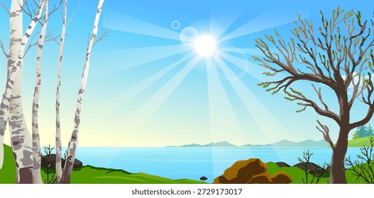 Primavera cedo perto do rio: arbustos brotando, álamos e árvores de bétula vêm à vida. A transformação da natureza na primavera. As estações. Recursos de apresentação para ensinar biologia e geografia a crianças no jardim de infância e na escola. A psicologia da alegria revigorante.  O sol aquece a neve derretida, os raios quentes do sol. Março, abril, maio, a paisagem, bela natureza.