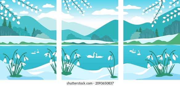 Primeras cartas de primavera con gotas de nieve y sauce. Cisnes. El paisaje vectorial.