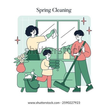 Early spring cleaning with a family working together to tidy their home. One person is washing windows while another vacuums, and a child helps by passing towels. Fresh ambiance and teamwork shine