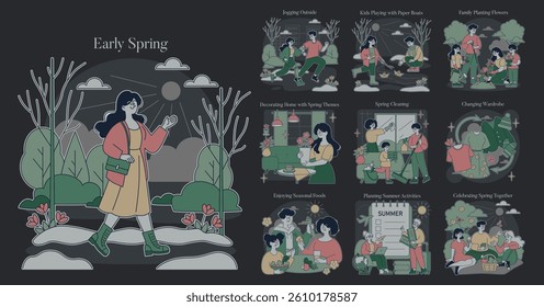 Early Spring concept. A vibrant depiction of early spring activities showcasing families enjoying outdoor and indoor moments. Features jogging, gardening, cleaning, and seasonal celebrations. Vector
