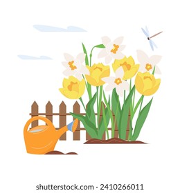 Early spring flowers in garden. Floral vector design elements for Happy women's day, mother's Day, birthday. Blooming tulips and daffodils in flower bed isolated on white