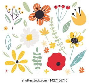 Early spring forest and garden flower.Set of decorative floral design elements. Flat cartoon vector illustration.  Collection flowers for invite. Set of flat Spring flower icons in silhouette isolated