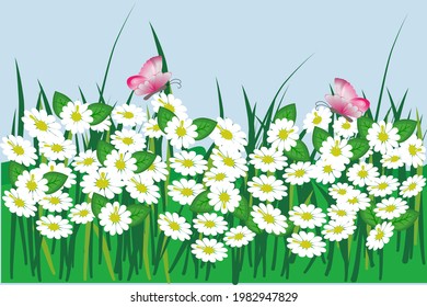 Early spring forest and garden flowers and butterfly isolated on Blue sky. Nature flower spring and summer in garden. Vector illustration 