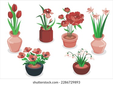 Early spring forest and garden flowers isolated on white vector set. Flowers pot. Nature cartoon vector illustration of flowers and leaves beautiful collection. Blossom plant, botanical flowerpot