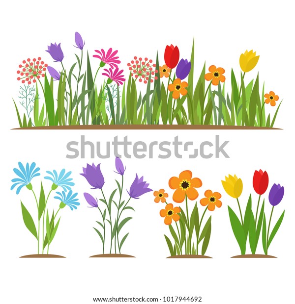 白いベクター画像セットに春の早い森と庭の花 自然の春と夏のイラストが庭に描かれています のベクター画像素材 ロイヤリティフリー