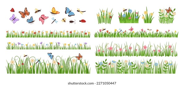 Early spring garden flowers. Forest and garden blooming plants with insects and green grass cartoon vector set. Natural elements, lawn with floral blossom, butterfly, ladybug and dragonfly