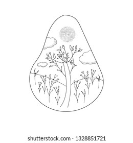 An early spring garden with young sprouts and a blossoming tree 