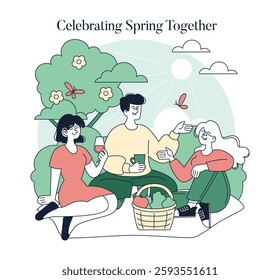 Early spring gathering among friends enjoying a picnic in nature with fresh fruits. The sun is shining, trees are blooming, and laughter fills the air, representing joy and connection. Vector