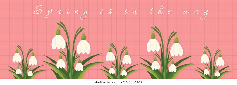 Tarjeta de felicitación de primavera temprana con flores de gota de nieve salvaje y letras.