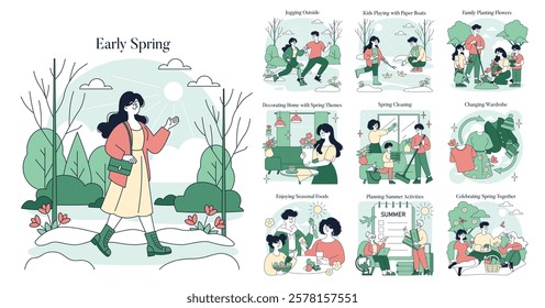 Early Spring illustrates various activities associated with the season, including outdoor fun, home decoration, and family gatherings. It captures the essence of renewal and connection, celebrating