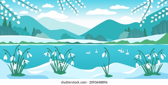 Early spring landscape with snowdrops. Spring lake with swans. Vector banner.
