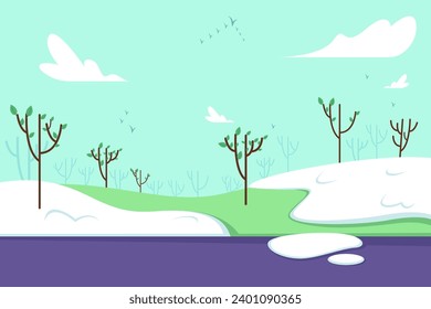 Early spring landscape. Vector illustration. Melting snow, trees with bright green leaves, green grass. Nature, season concept