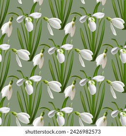 Early spring snowdrop first flowers realistic vector illustration. Cute forest white flowers, snowdrop spring blossom. Galanthus nivalis blooming plant springtime blossom seamless pattern. Rare plant