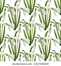 Early spring snowdrop first flowers realistic vector illustration. Cute forest white flowers, snowdrop spring blossom. Galanthus nivalis blooming plant springtime blossom seamless pattern. Rare plant