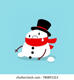 Early Spring, Snowman melts. Isolated object for seasonal design on a blue background. Vector illustration.