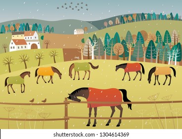 Early spring. Vector illustration of grazing horses in rainy weather.