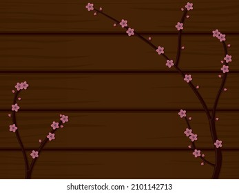 Early spring vector illustration with peach branch in bloom and wooden background