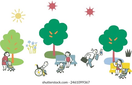 Early summer to midsummer Mother spending time with her baby Set of illustration materials
