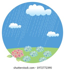 Early summer, rainy season plant flowers. Illustration of the rainy season sky and hydrangea. Nature, landscape, banner illustration