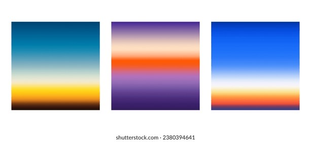 Early sunrise or late sunset colorful gradients background set. Smooth blurred wallpaper set in yellow, blue, orange, purple colors. Abstract night or evening sky horizon backdrop. Vector illustration