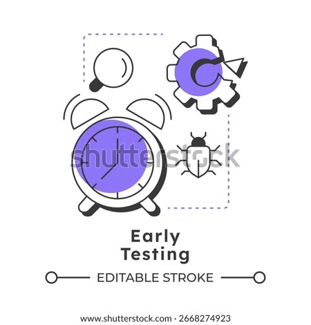 Early testing modern linear concept icon. Bug analysis, tracking. Software engineering, development. Flat outline elements connected with dotted lines. Creative visual. Easy to edit
