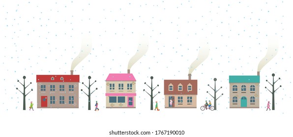 Early winter cityscape and people walking