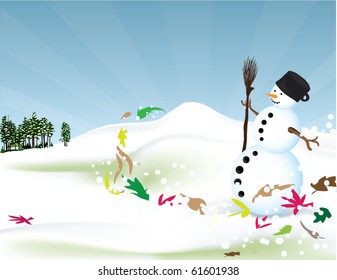 early winter landscape with snowman and fallen leaves