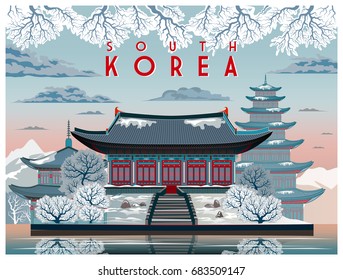 Early in the winter morning at a Buddhist temple in South Korea. Handmade drawing vector illustration. Vintage style.