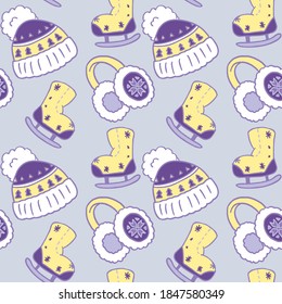 Earmuffs and skates on purple backdrop. Christmas seamless pattern for wallpaper, wrap paper, sleeper, bath tile, apparel or bed linen. Phone case or cloth print Doodle style stock vector illustration