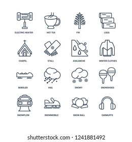 Earmuffs, Snow ball, Snowmobile, Snowplow, Snowshoes, Electric heater, Chapel, Bobsled, Avalanche outline vector icons from 16 set