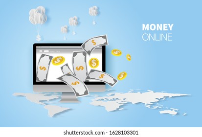 Earn Computer money online modern. vector illustration for web banners.Web sites and landing pages and social media. Graphic Element technology payment business concept.Marketing E-commerce finance.