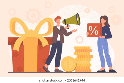 Earn loyalty concept. Discounts for regular customers, special offers. Man calls people into loudspeaker. Business, cashback, gift. Cartoon flat vector illustration isolated on beige background