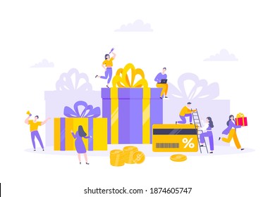 Earn Loyalty Program Points And Get Online Reward And Gifts. Get Loyalty Card And Customer Service Business Concept Flat Design Vector Illustration. Tiny People With Big Card And Money.