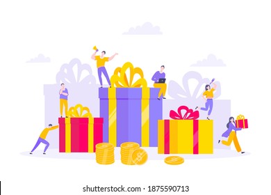 Earn loyalty program points and get online reward and gifts. Get loyalty card and customer service business concept flat design vector illustration. Tiny people with big card and money.